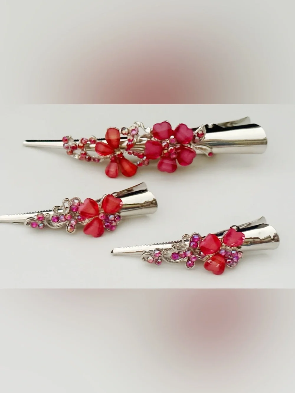Raspberry Color Crystal Alligator Hair Clamps - Set of 3